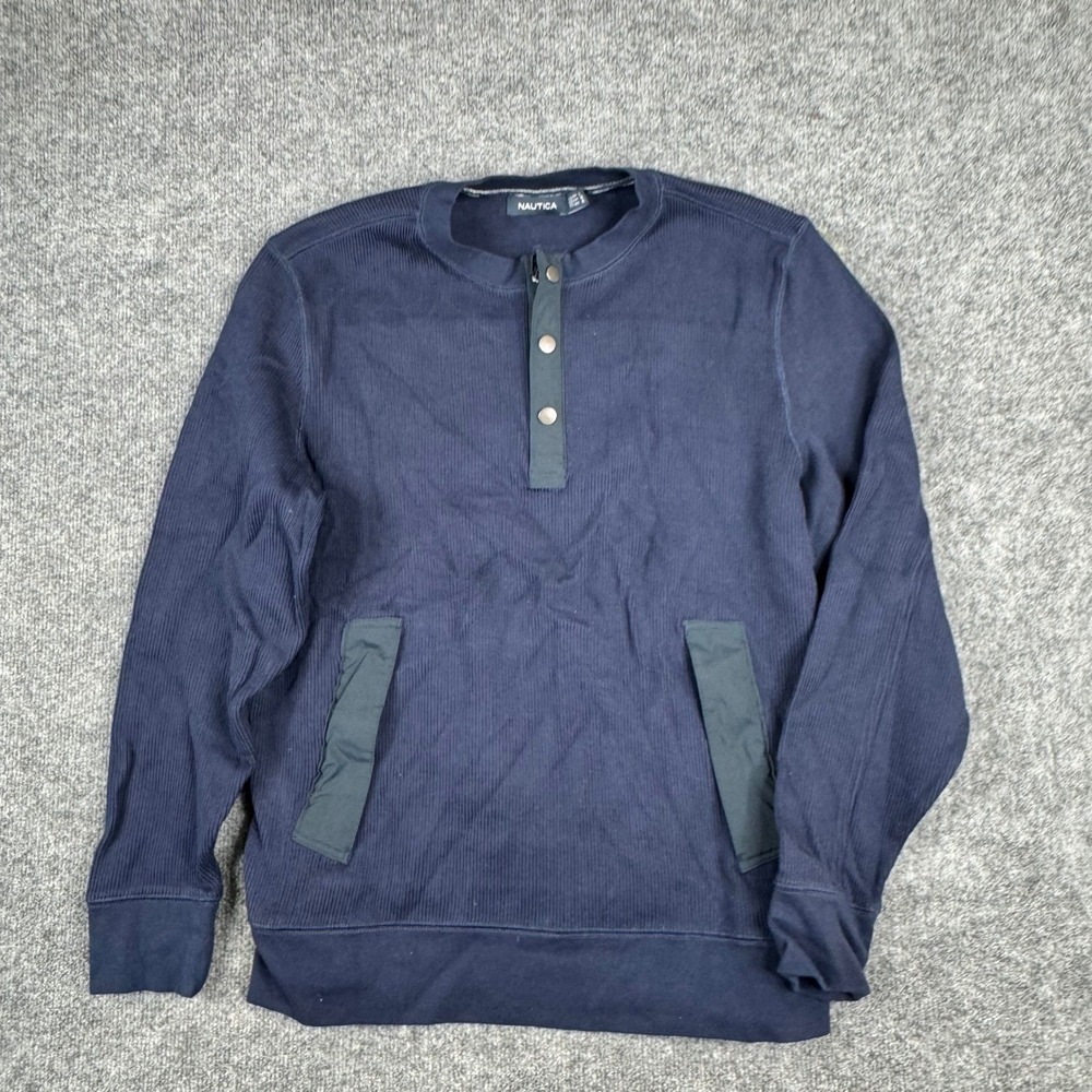 Nautica Pullover Mens Size L Navy Blue Ribbed Cotton Quarter Zip Snap Pockets
